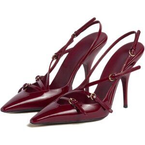 Women's Burgundy  High Slingback Pointed Toe Stiletto Buckle Strap Low Heel